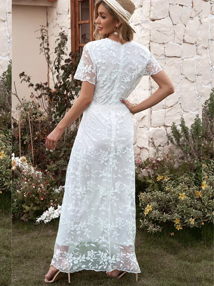 Women's Short Sleeve Wedding Maxi Dress White / S